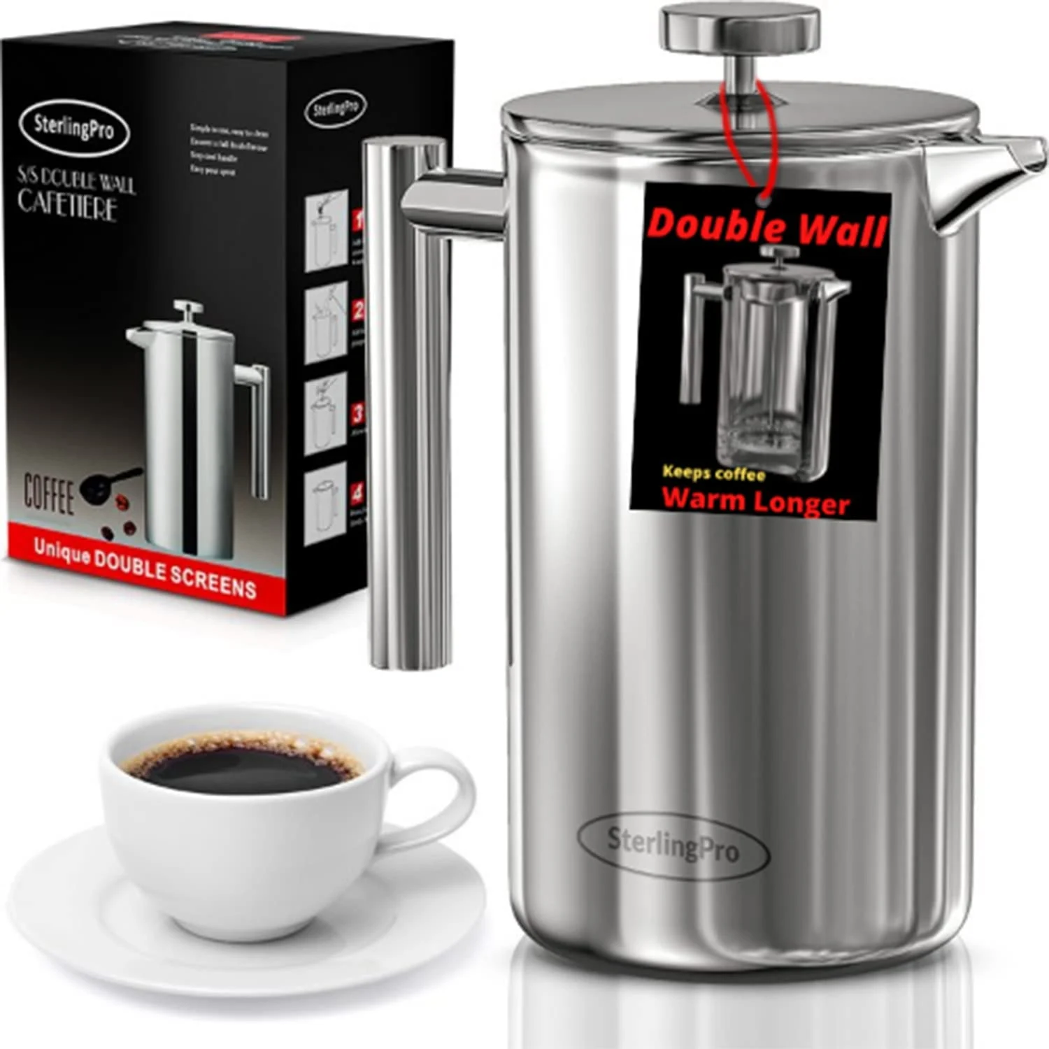 SterlingPro Double Wall Stainless Steel French Coffee Press